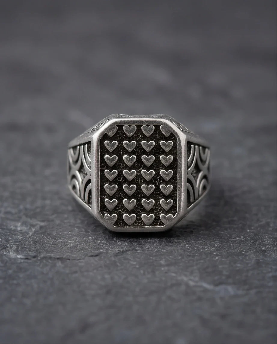 Vintage Sterling Silver Micro-Heart Lattice Signet Ring