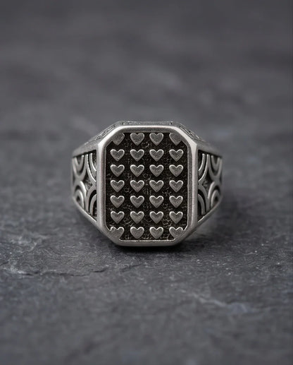 Vintage Sterling Silver Micro-Heart Lattice Signet Ring