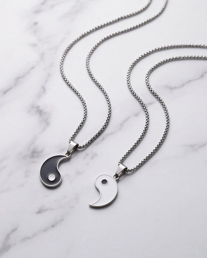 Silver Yin Yang Couple Enamel Pendant Necklace Set