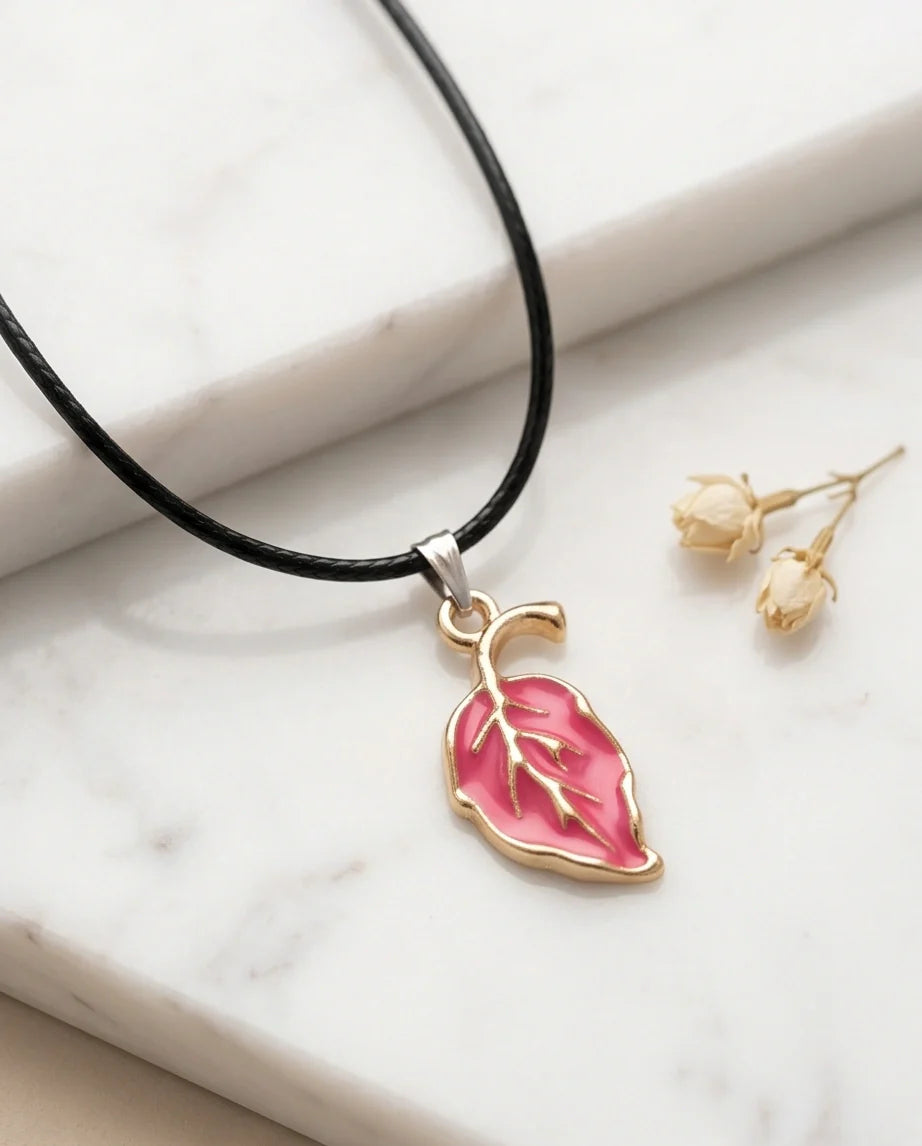 Gold and Pink Leaf Pendant Necklace