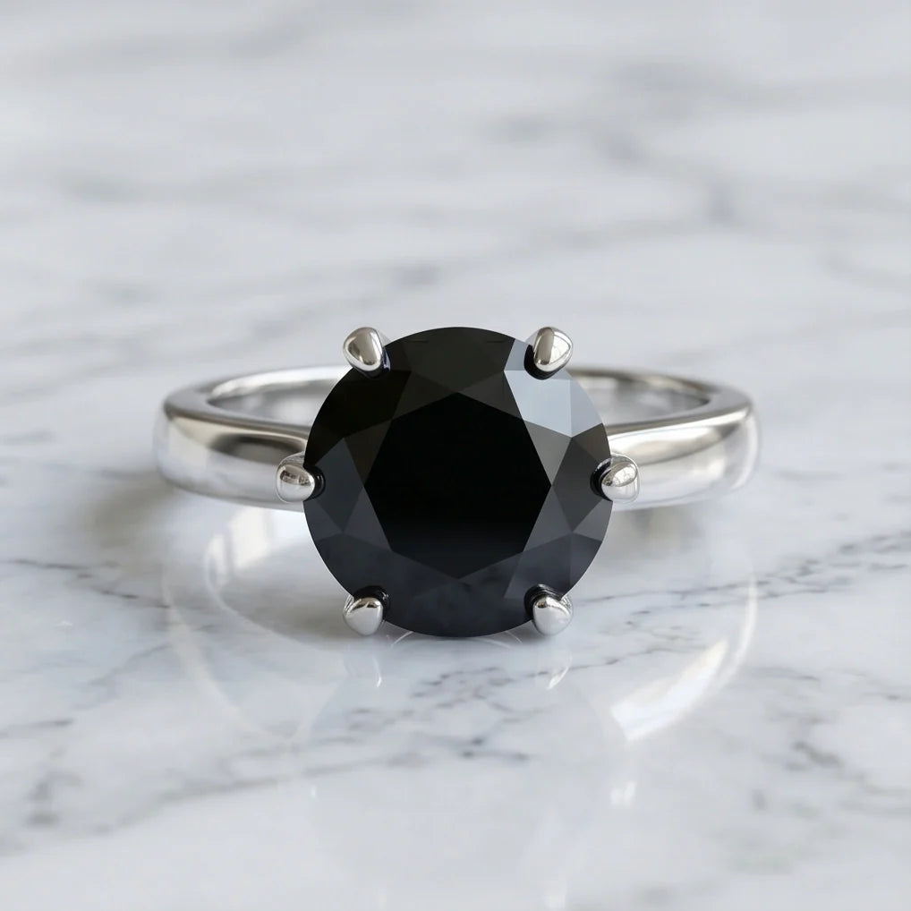 Sterling Silver Round-Cut High Crown Black Solitaire Ring