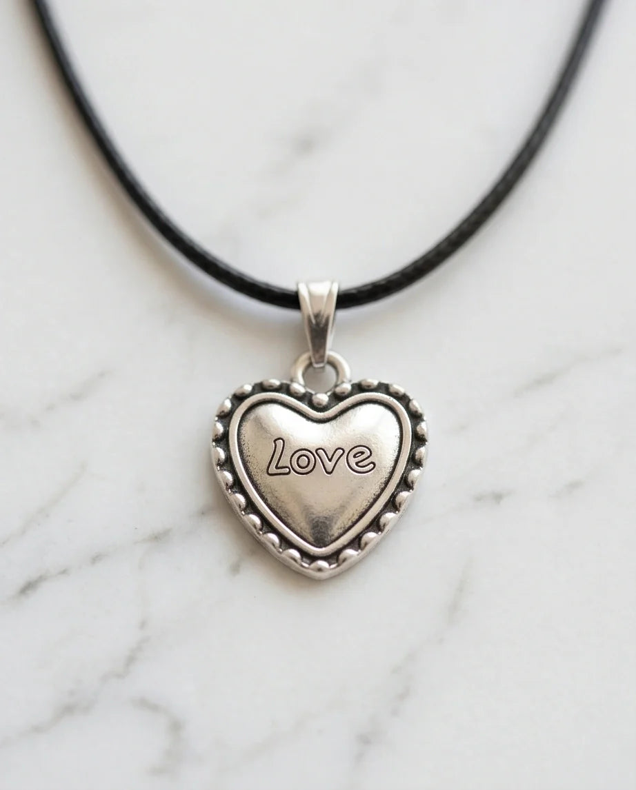 Silver Beaded Edge Love Heart Necklace