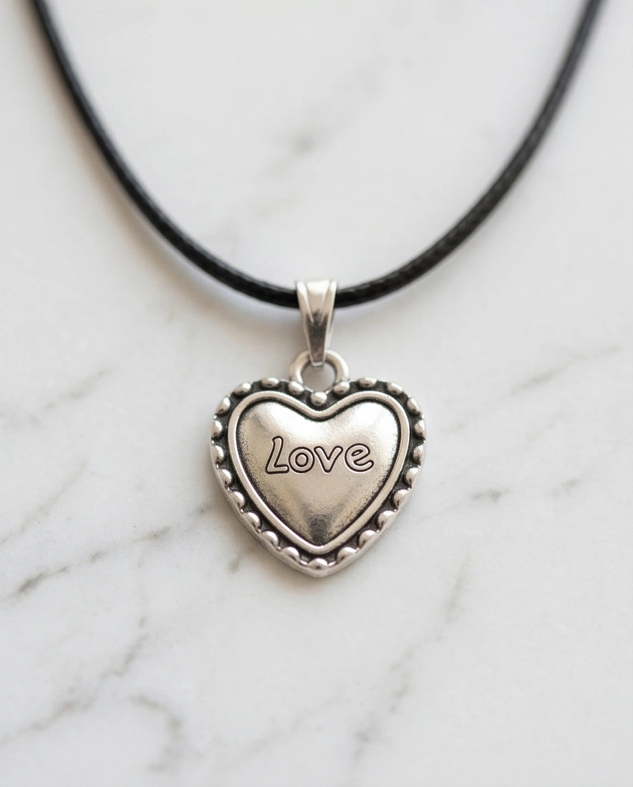 Silver Beaded Edge Love Heart Necklace