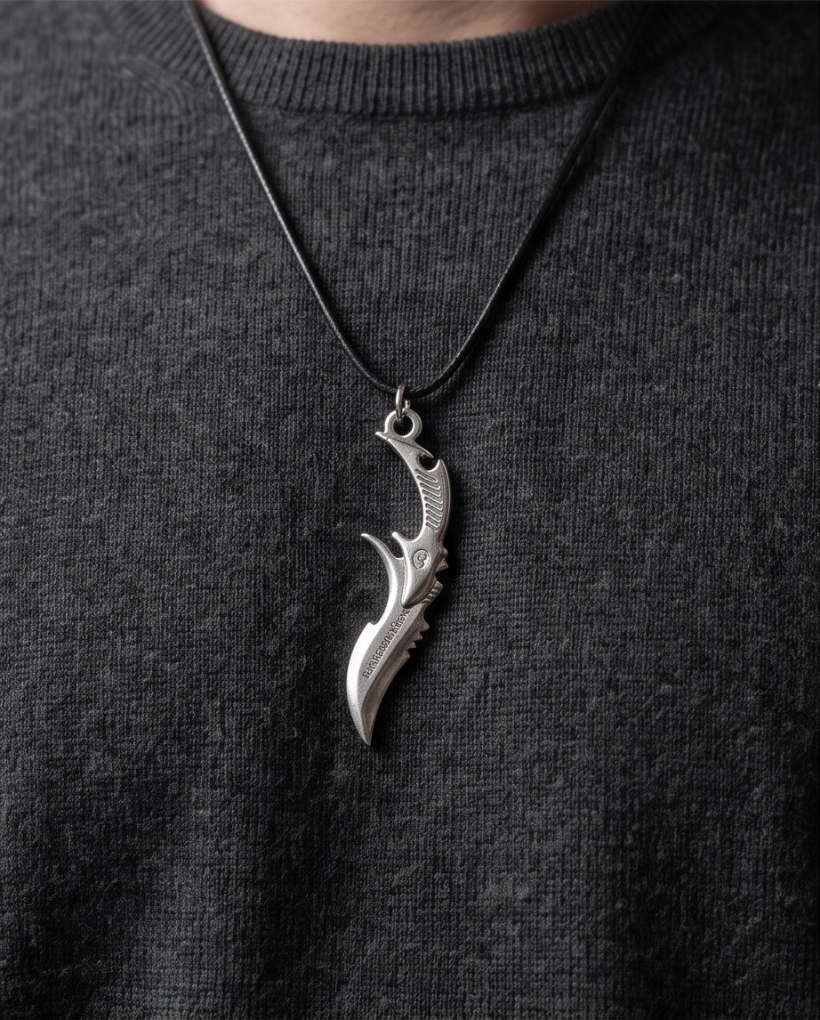 Engraved Silver Curved Dagger Cord Necklace
