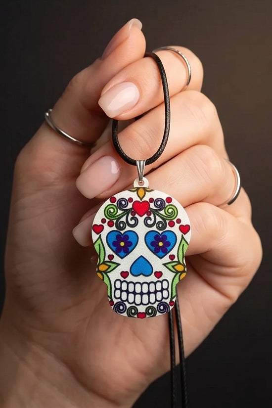 Vibrant White Sugar Skull Día de los Muertos Pendant Necklace