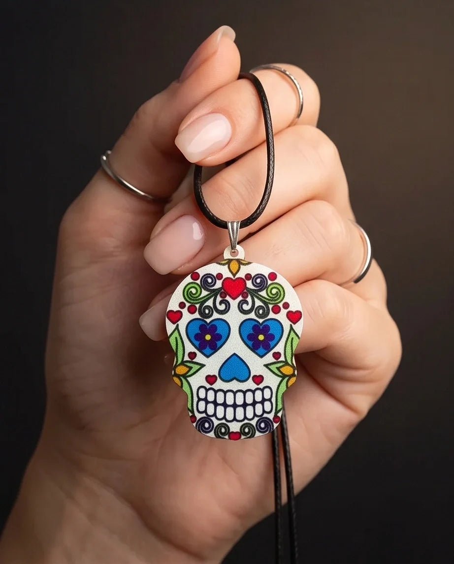 Vibrant White Sugar Skull Día de los Muertos Pendant Necklace
