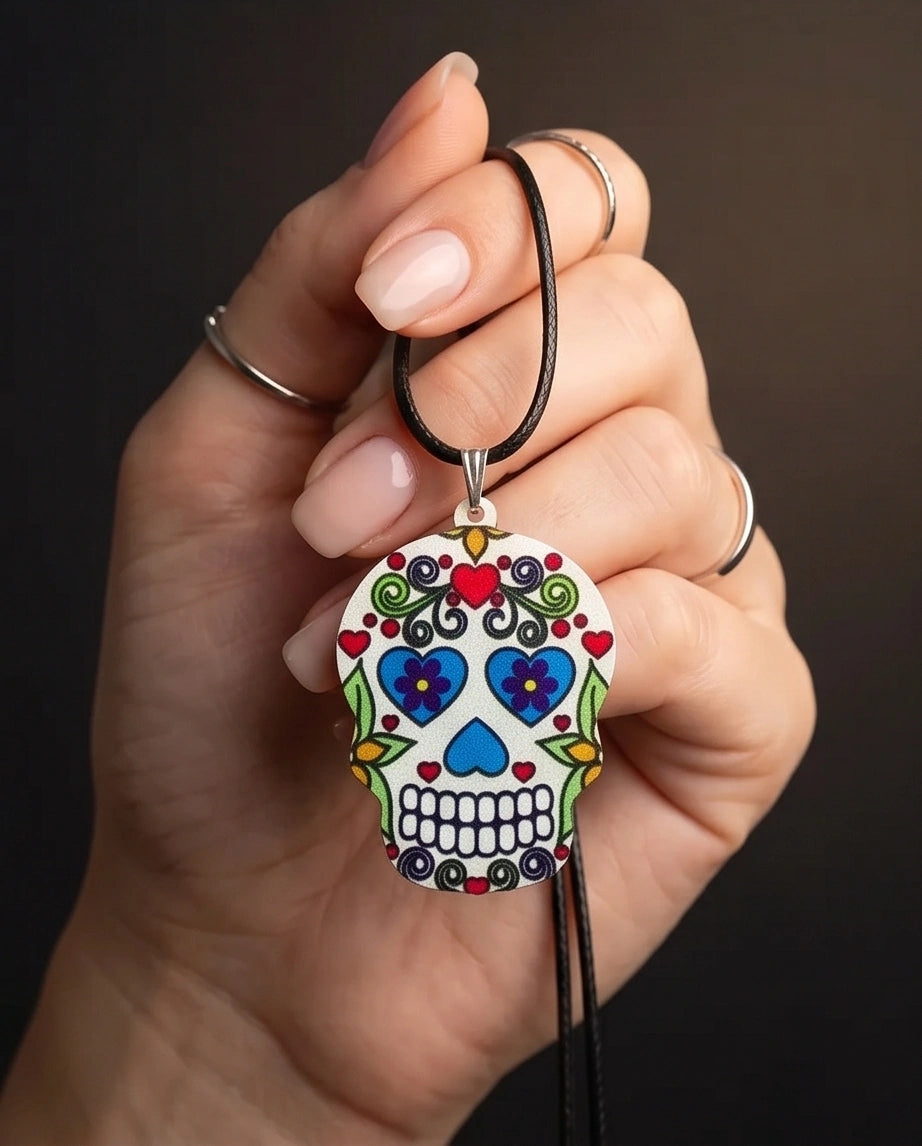 Vibrant White Sugar Skull Día de los Muertos Pendant Necklace