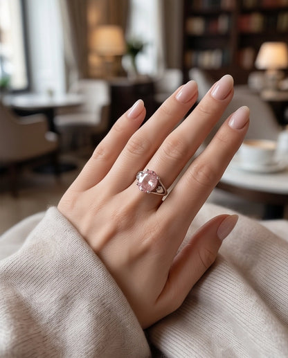 Silver Oval Pink Gemstone Heart Detail Solitaire Ring