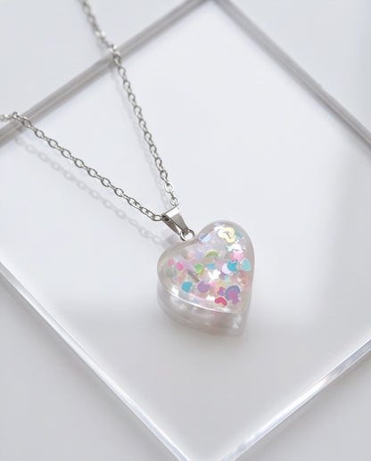 Silver Iridescent Confetti Clear Heart Resin Pendant Necklace