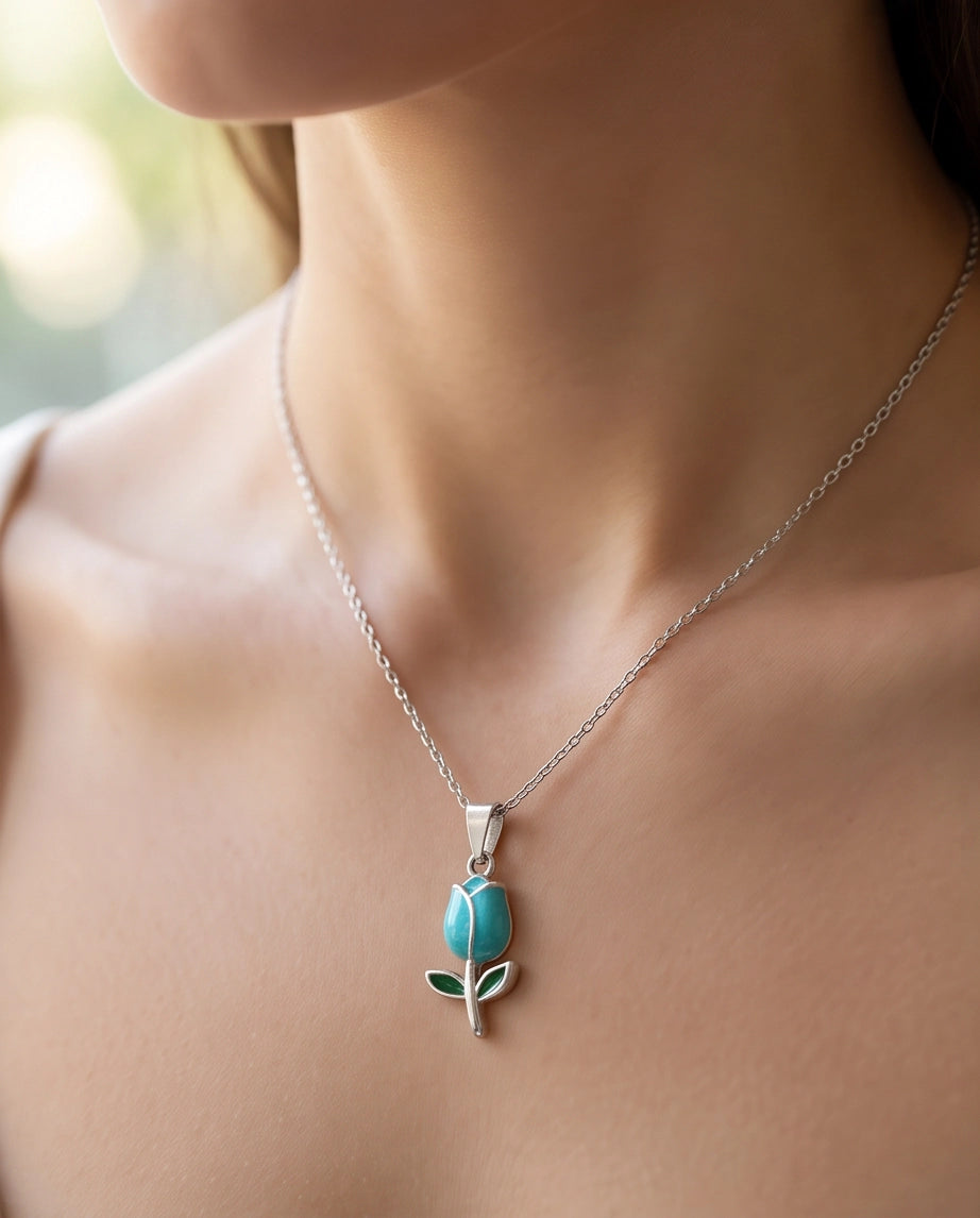 Silver Light Blue Enamel Tulip Pendant Necklace