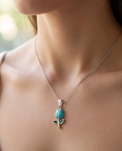 Silver Light Blue Enamel Tulip Pendant Necklace