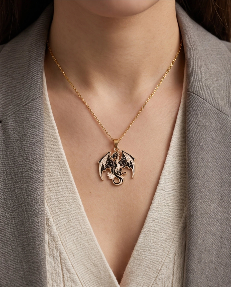 Gold Celestial Dragon Black & White Enamel Pendant Necklace