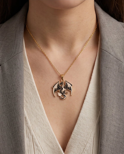 Gold Celestial Dragon Black & White Enamel Pendant Necklace