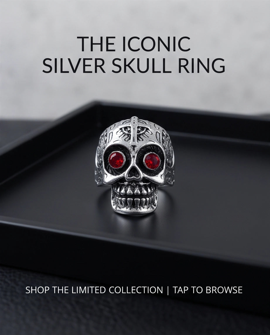 Ruby-Eyed Filigree Skull Band Silver Ring