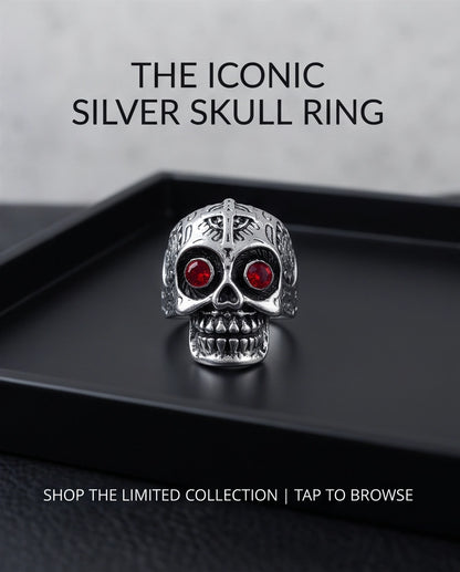 Ruby-Eyed Filigree Skull Band Silver Ring