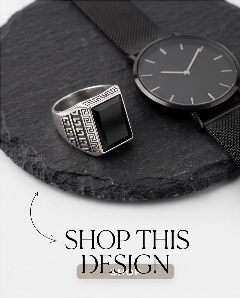 Black Onyx Emerald-Cut Gemstone Greek Key Silver Ring