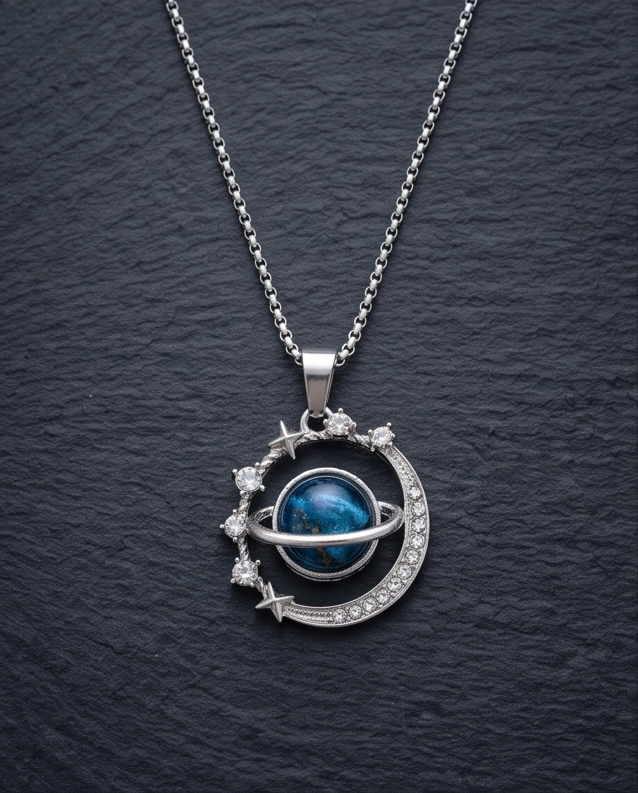 Silver Cosmic Galaxy Planet Crescent Pendant Necklace