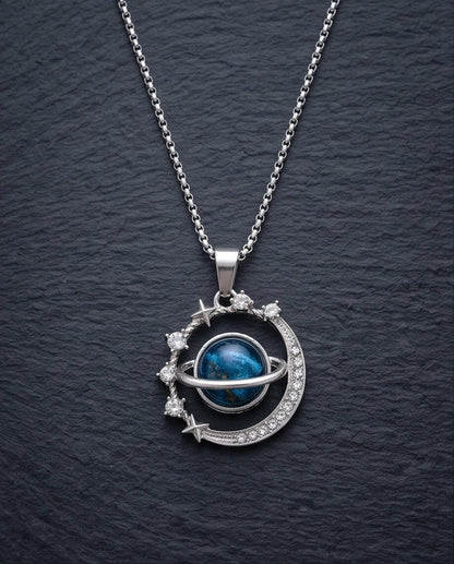 Silver Cosmic Galaxy Planet Crescent Pendant Necklace