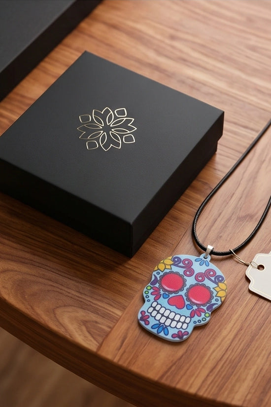 Vibrant Light Blue Sugar Skull Día de los Muertos Pendant Necklace