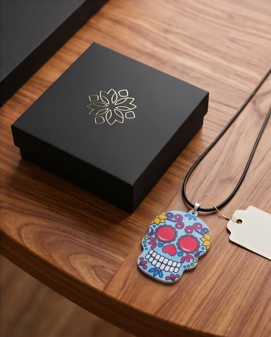 Vibrant Light Blue Sugar Skull Día de los Muertos Pendant Necklace