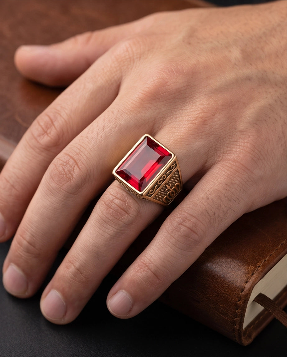 Crimson Ruby Emerald-Cut Gemstone Crown Motif Gold Ring