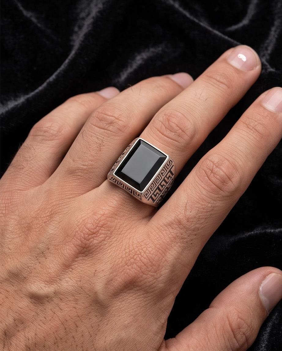 Black Onyx Emerald-Cut Gemstone Greek Key Silver Ring
