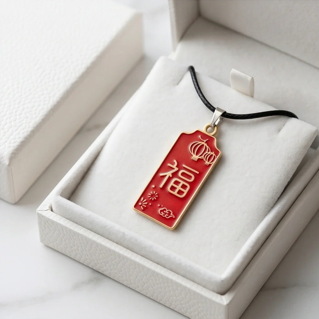 Traditional Red Rectangular "Fu" Blessings Pendant Necklace