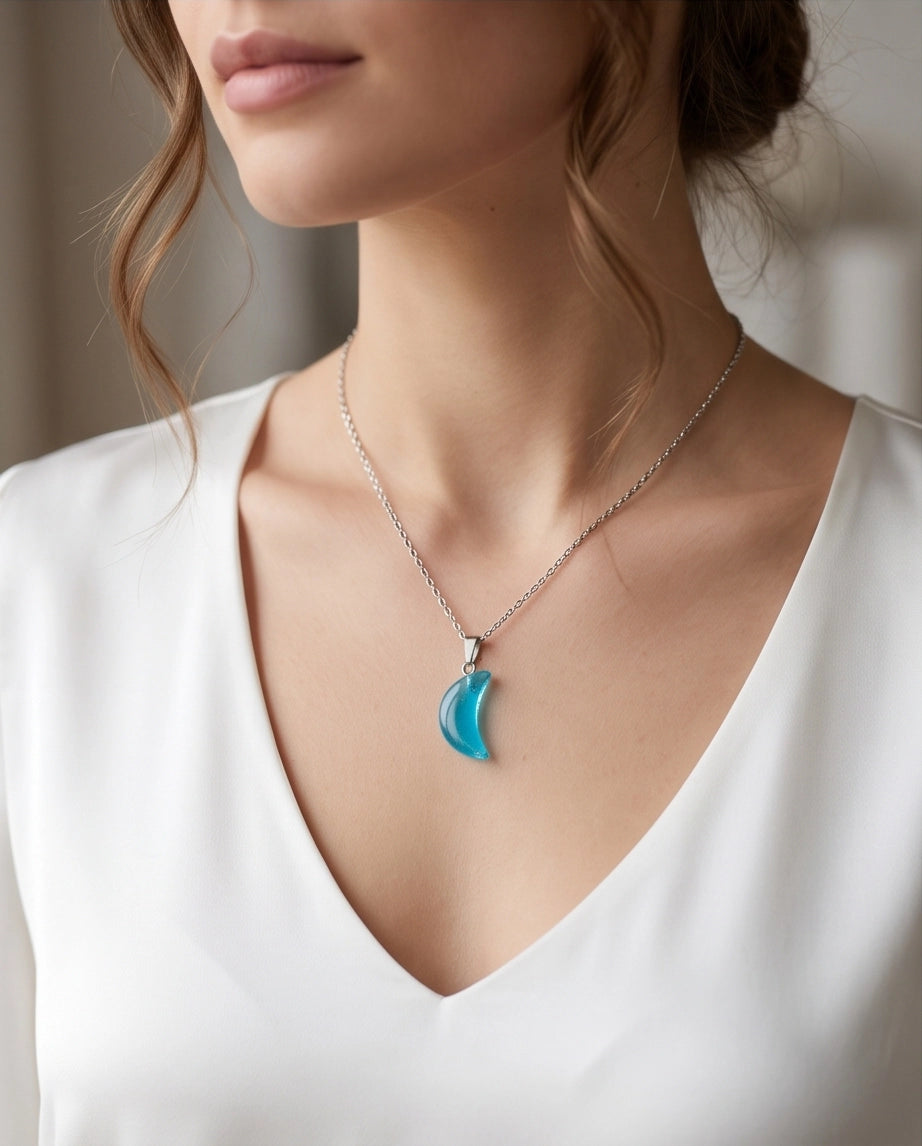 Silver Cyan Crescent Moon Resin Pendant Necklace