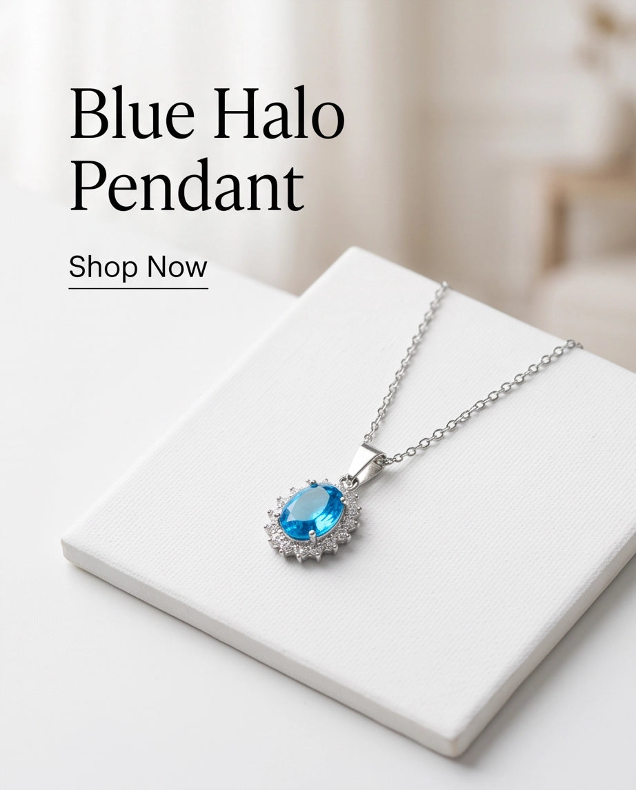 Silver Aquamarine Blue Oval Halo Medallion Pendant Necklace