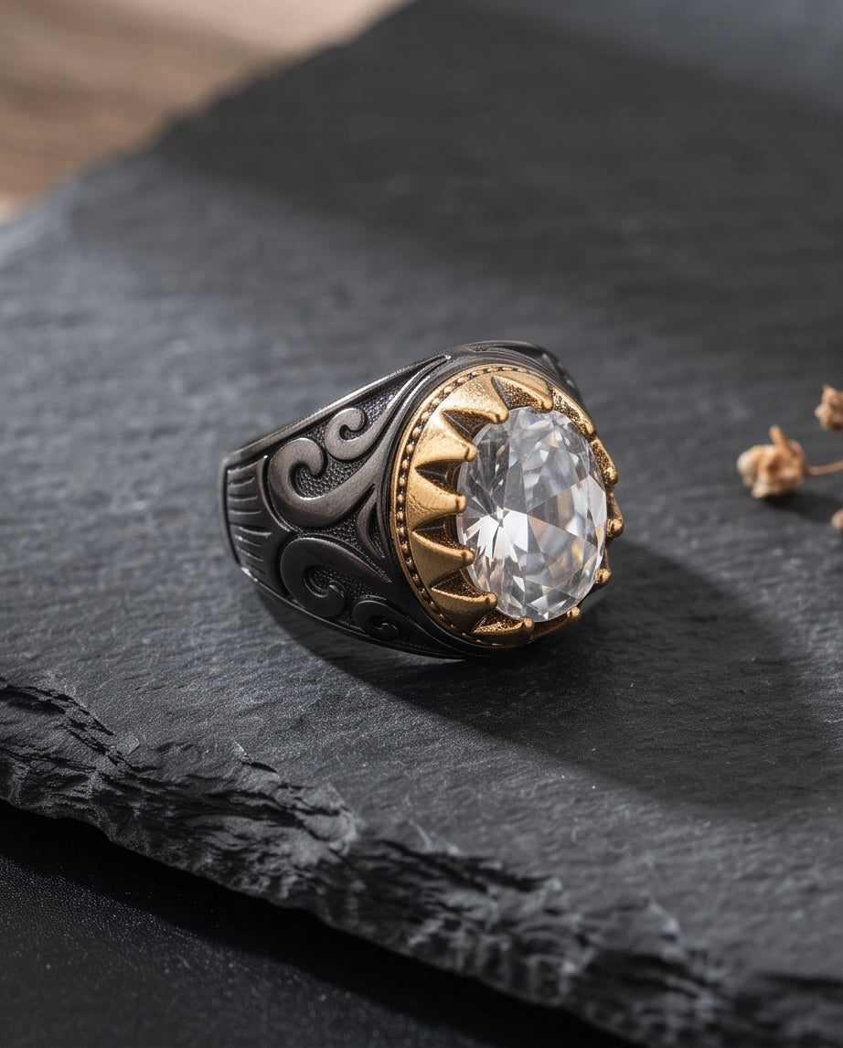Celestial Solstice Diamond-Cut Signet Ring