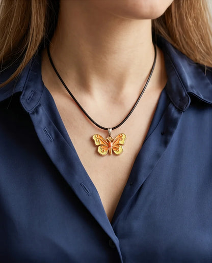Orange & Yellow Enamel Butterfly Pendant Necklace