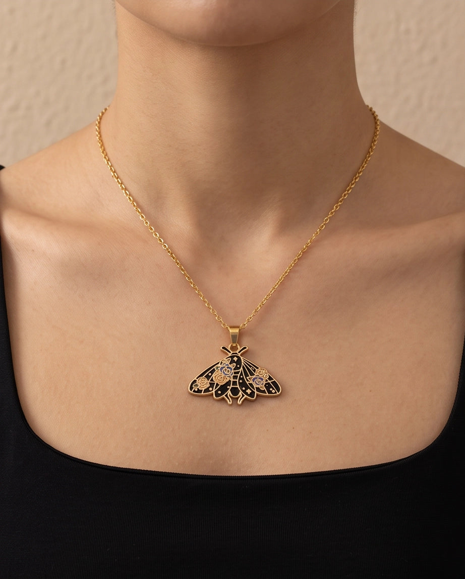 Gold Floral Moth Enamel Chain Necklace