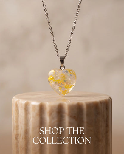 Silver Sunshine Yellow Glitter Heart Resin Pendant Necklace