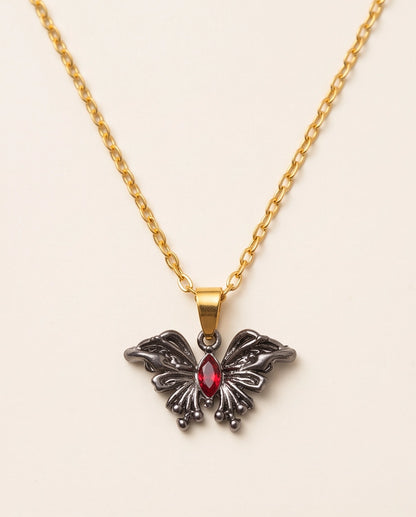 Black Gothic Butterfly Red Gem Pendant Necklace