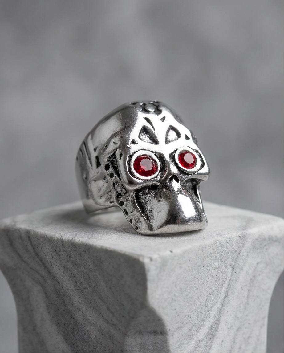 Ruby-Eyed Mechanical Mask Skull Ring