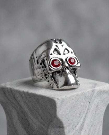 Ruby-Eyed Mechanical Mask Skull Ring