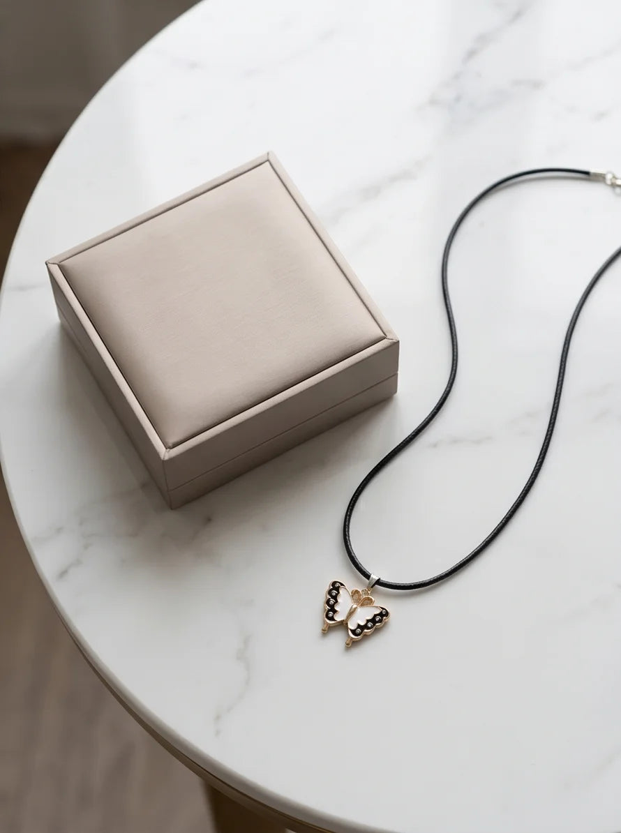 Black & White Enamel Butterfly Pendant Necklace