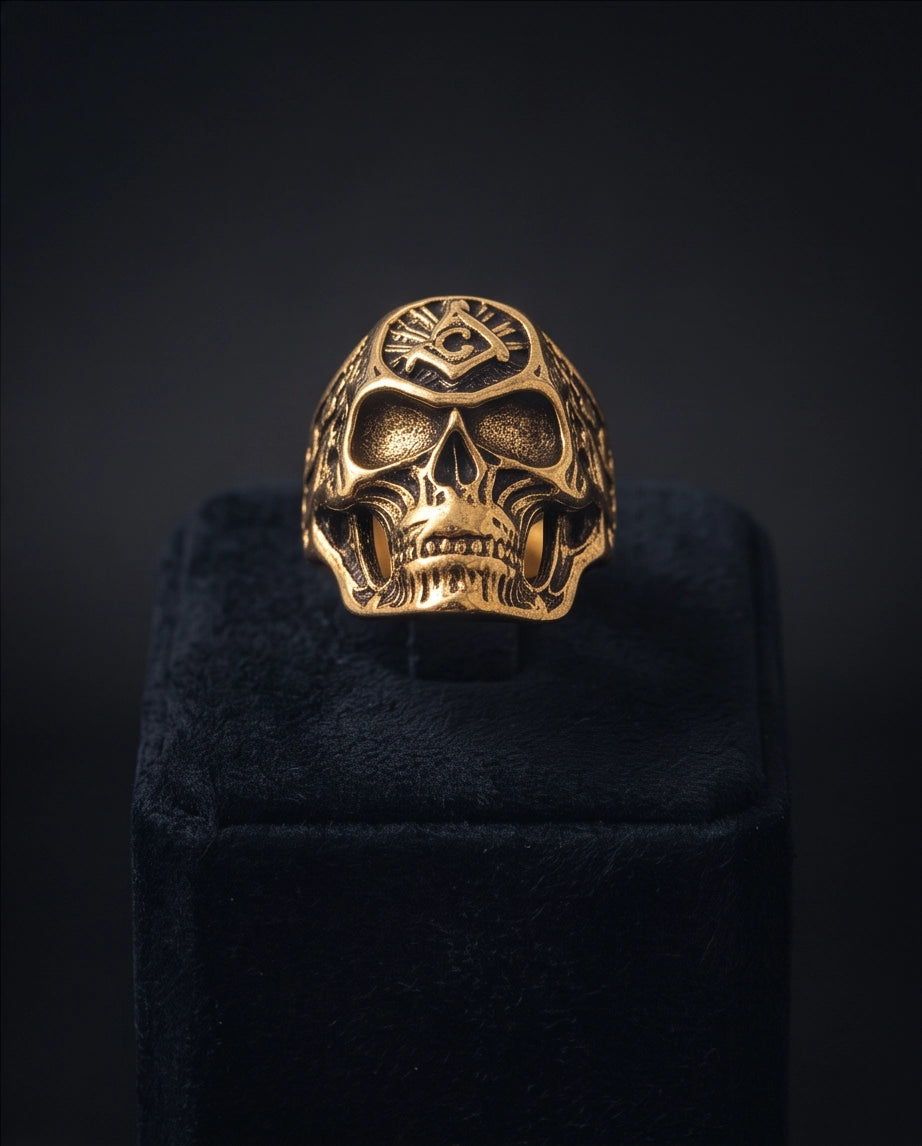 Masonic Square and Compass Anatomical Skull Gold Ring