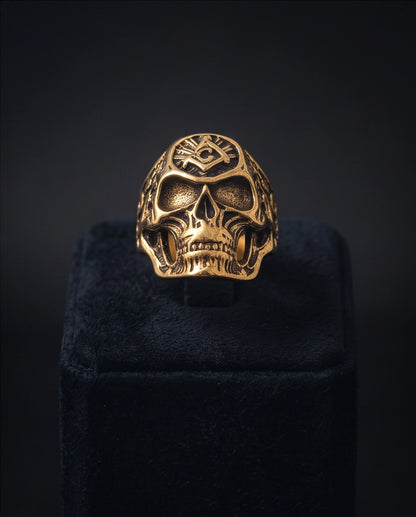 Masonic Square and Compass Anatomical Skull Gold Ring