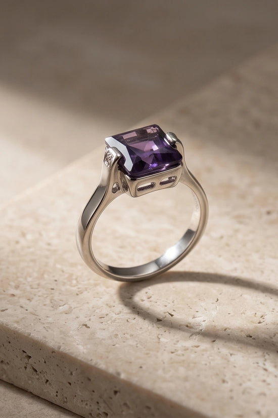Sterling Silver Deep Amethyst Princess Cut Solitaire Ring