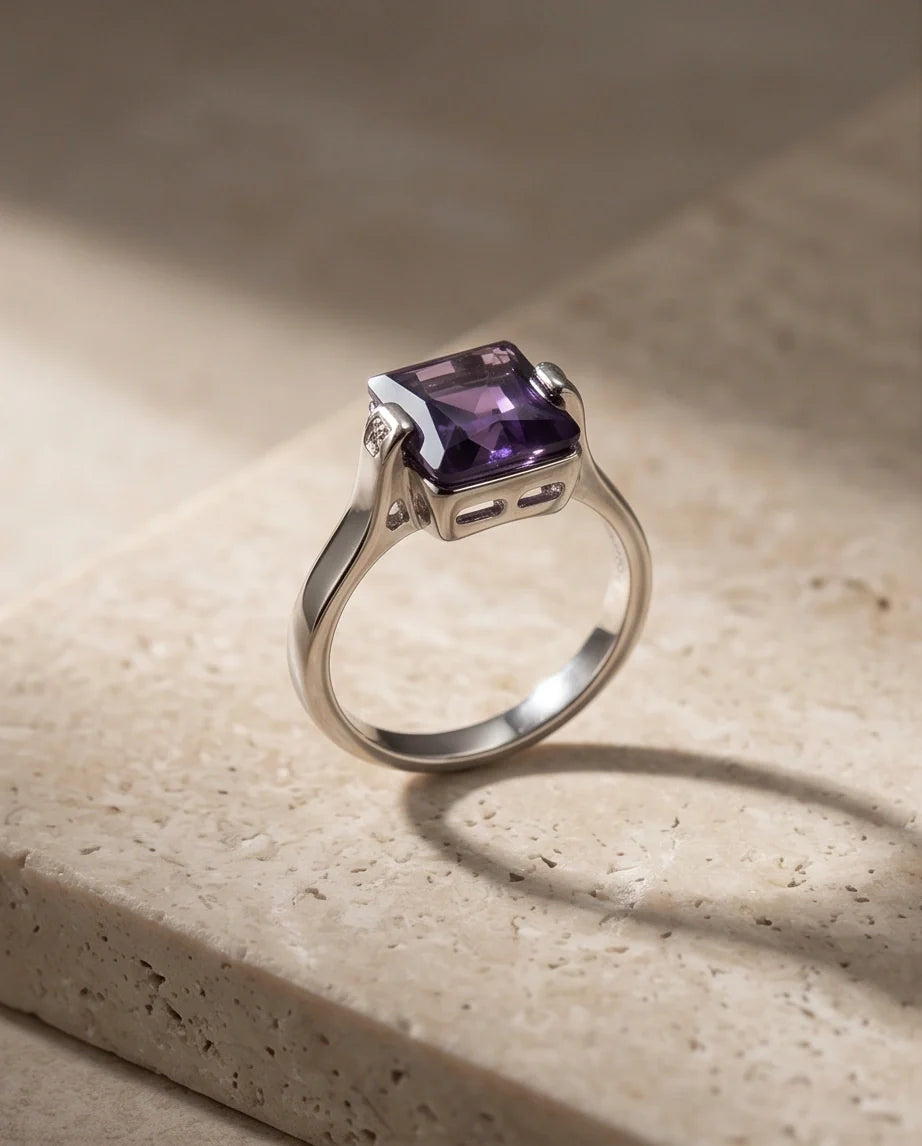 Sterling Silver Deep Amethyst Princess Cut Solitaire Ring