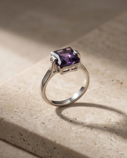 Sterling Silver Deep Amethyst Princess Cut Solitaire Ring