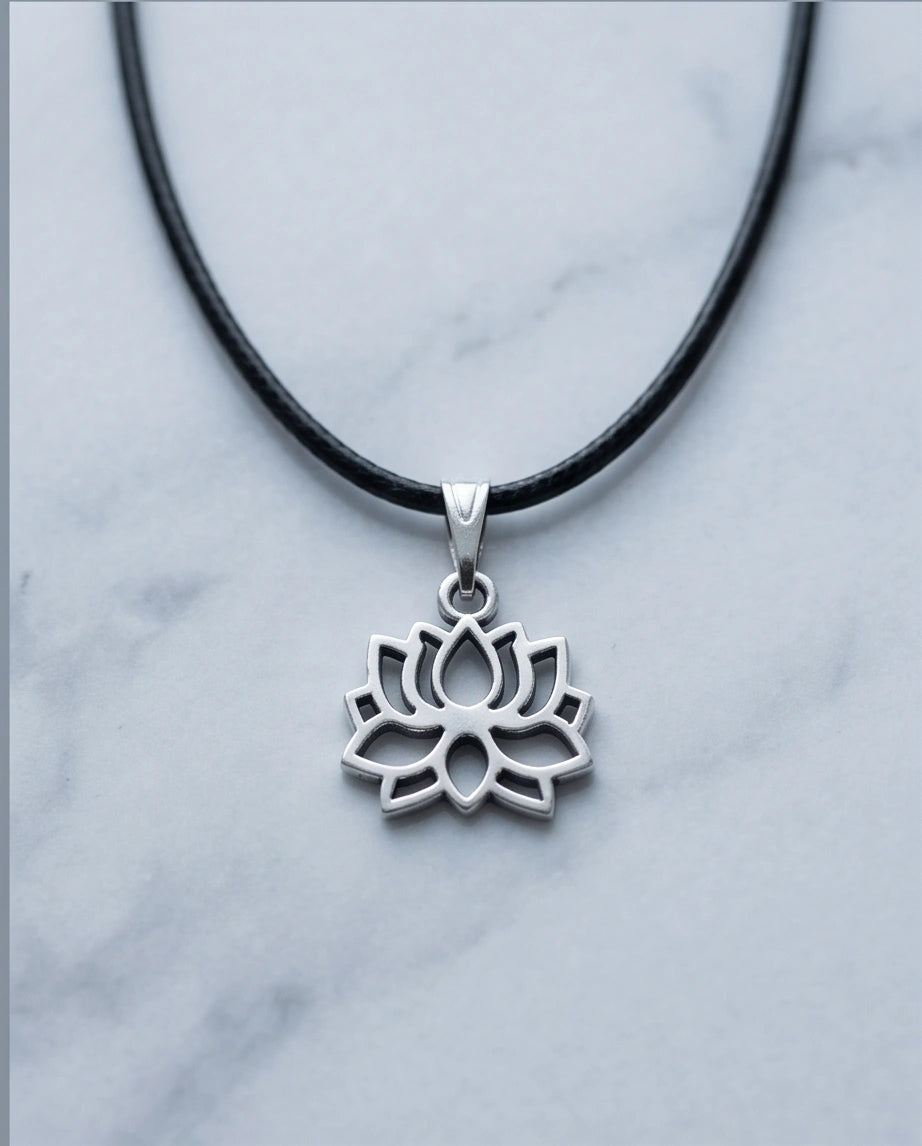The Zen Bloom: Geometric Matte Silver Lotus Pendant Necklace