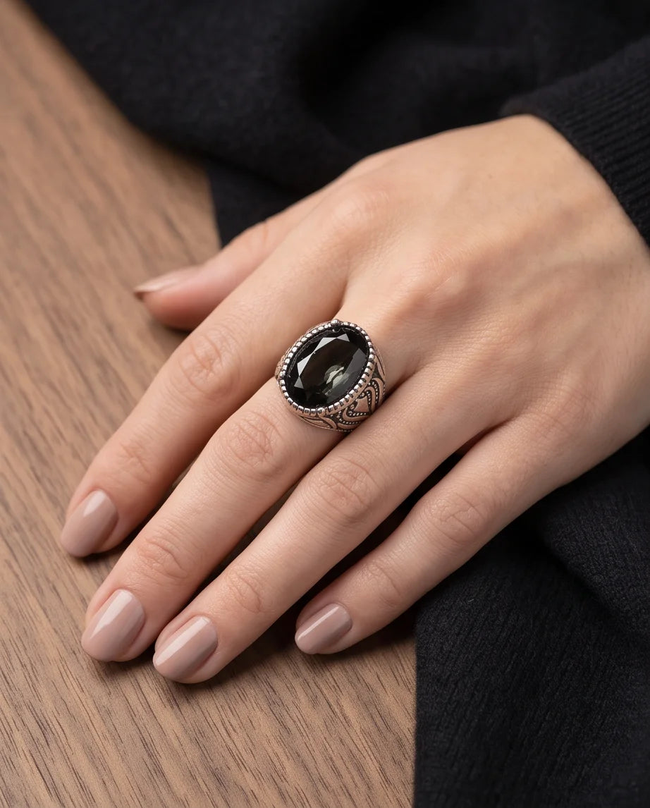 Obsidian Gemstone Beaded Frame Flame Silver Ring