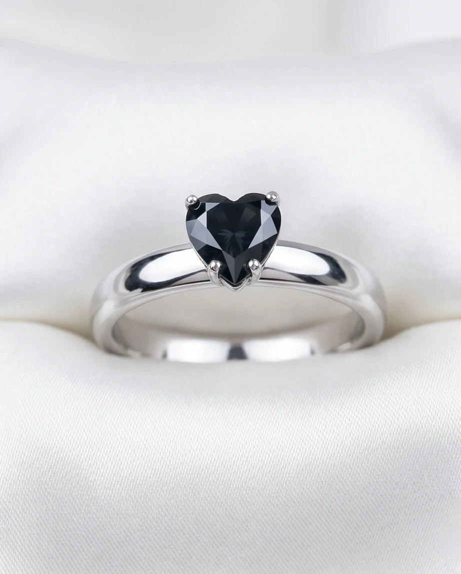 Sterling Silver Heart-Cut Black Onyx Solitaire Ring