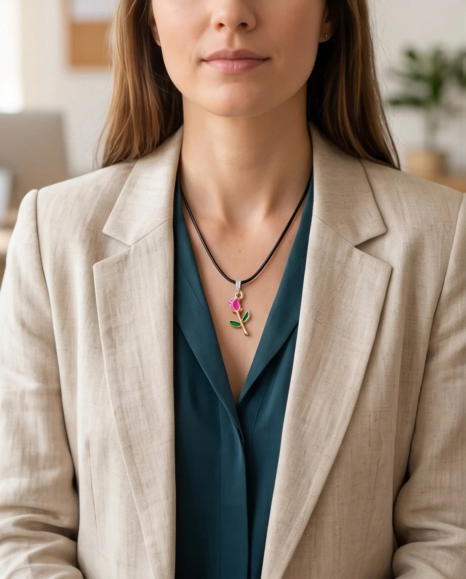 Gold and Pink Rose Pendant Necklace