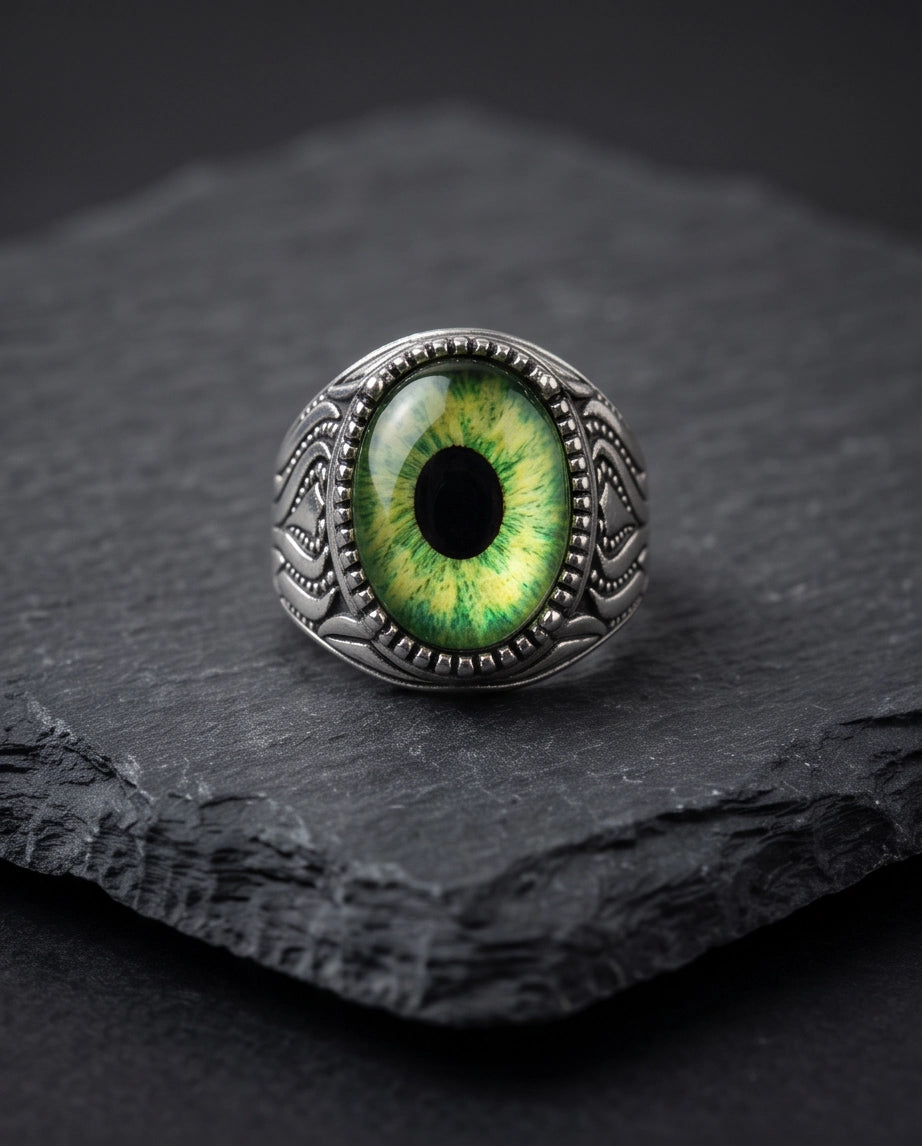 Lime-Green Elliptical-Pupil Dragon-Eye Ornate Scrollwork Silver Ring