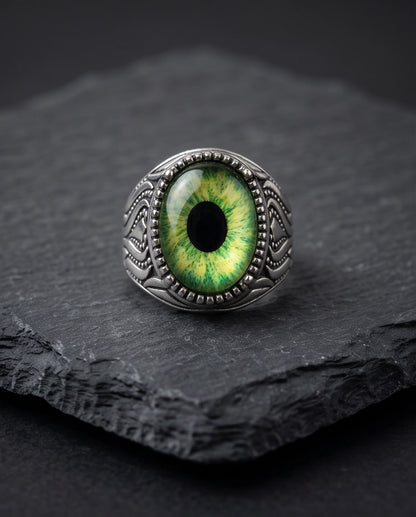 Lime-Green Elliptical-Pupil Dragon-Eye Ornate Scrollwork Silver Ring