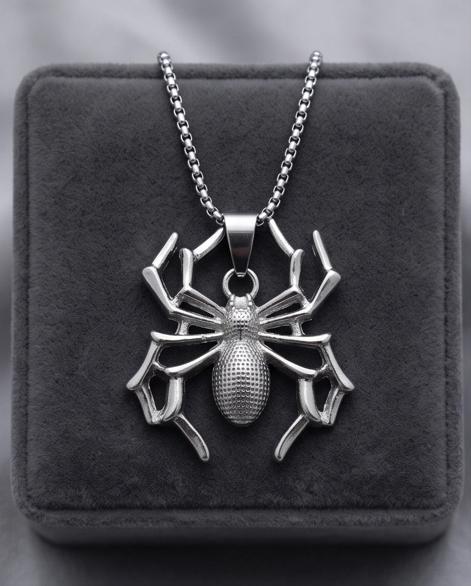 Silver Textured Spider Pendant Necklace