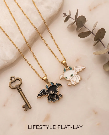 Gold Dragon Couple Enamel Pendant Necklace Set